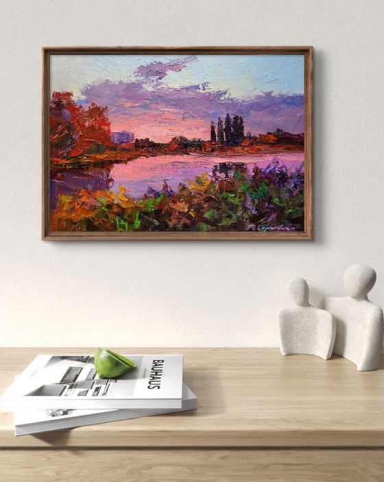 Original Oil Painting Evening City Landscape Sunset Over the River – Paintings & Drawings, Canvas (photo 2 of 7)