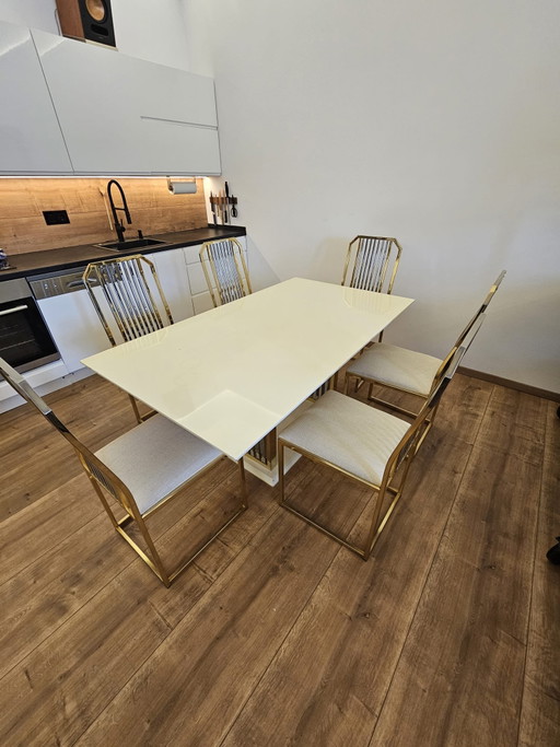 Re: Mesa de comedor de diseño, blanco brillante, dorado, cromo, 6 sillas, metal, lujo