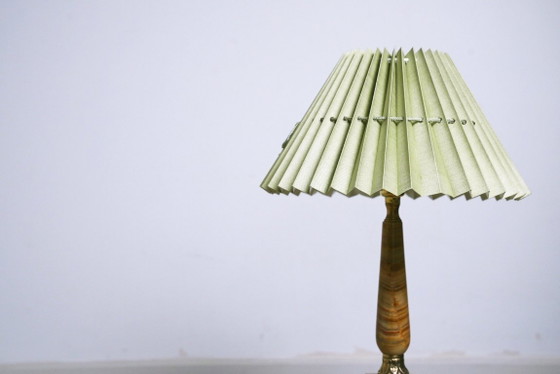 Image 1 of Vintage Pink Onyx Marble Table Lamp with Sage Green Pleated Shade, Italian Brass Bedside Lamp, Art Deco Hollywood Regency Accent