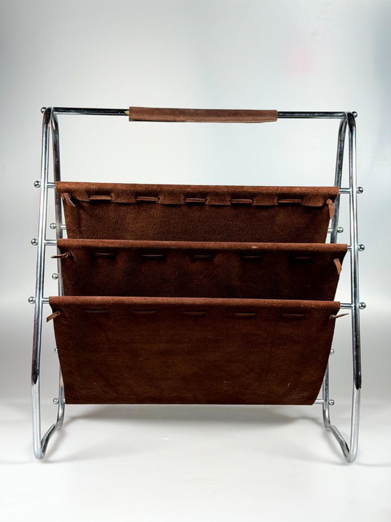 Image 1 of 1960s/70s Newspaper Holder/Magazine Stand, Metal/Leather, Mid-Century Design