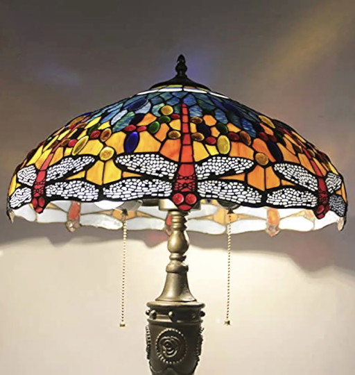 Tiffany table lamp with ornate base and lampshade with stained glass motifs, dragonfly series, diam. approx. 45cm and 65cm high