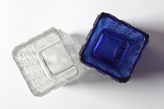 Image 1 of Set of 2 Mid-Century Cobalt Blue & Clear Glass Vases Taalari / Tamara Aladin / Finland / 1969