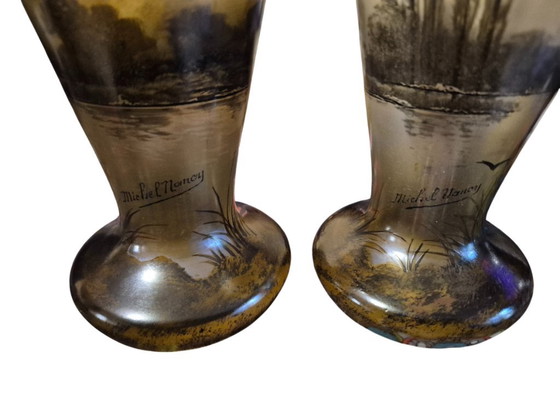 Paire de vases en verre peints à la main, Michel Nancy, Marron, Art Nouveau (photo 21 sur 23)