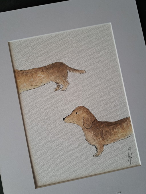 Original watercolor painting of a dachshund including frame