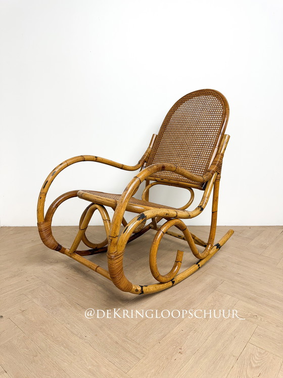 Image 1 of Vintage rattan bamboo webbing rocking chair