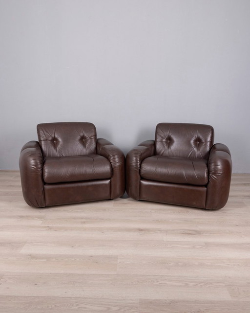 Par de sillones vintage de cuero marrón de los años 70 diseñados por Ceriotti.