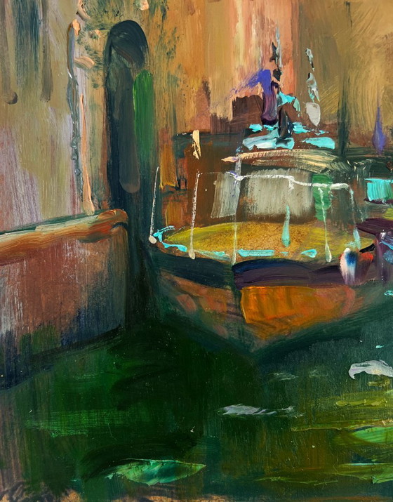Image 1 of Original Oil Painting Coastal Houses Landscape The narrow streets of the city
