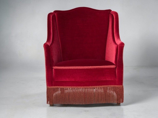 1970er, Dänischer Hochlehner Sessel, Möbelvelours, Eschenholzbeine