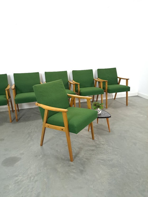 Image 1 of Set of 6 groene eetkamerstoelen met beukenhout