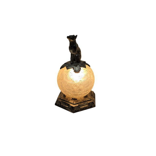 Französische Art-Deco-Tischlampe mit Hund, um 1920