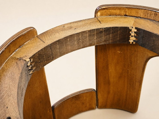 Image 1 of Pouf Sgabello Artigianale Vintage Anni ’60/’70 – Legno Curvato con Cuscino Sfoderabile in Velluto Ocra