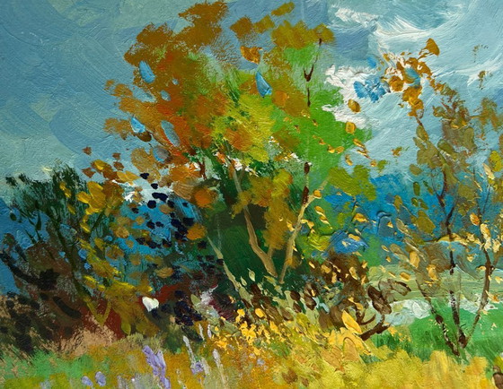 Image 1 of Original Oil Painting Summer Field Landscape Walking among flower fields