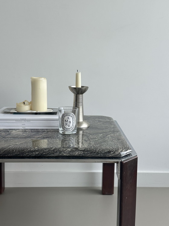 Image 1 of Table basse vintage en marbre métal chrome bois carré 70's