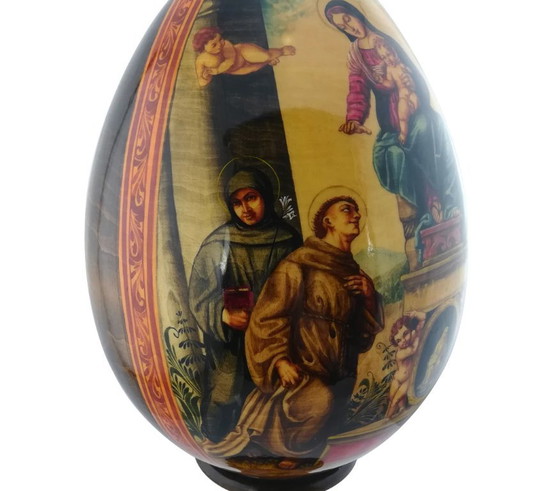 Image 1 of Giant Hand Painted Easter Egg Solid Wood Sergiev Posad, Correggio, Reproduction oil painting, Madonna with St Francis