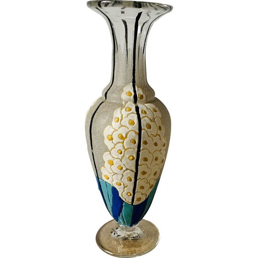 Vase vintage en verre et émail avec fleurs par Mazoyer, 1925