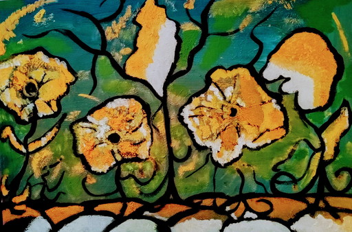 T.van Steenbergen Happy Golden Flowers 70 x 109 cm