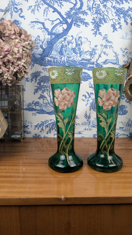 Image 1 of Coppia di vasi in vetro smaltato verde con fiori Art Nouveau di Legras-Montjoye