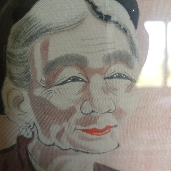 Image 1 of Antiek Vietnamees portret op zijde & hout (jaren 50) – Uniek mid-century