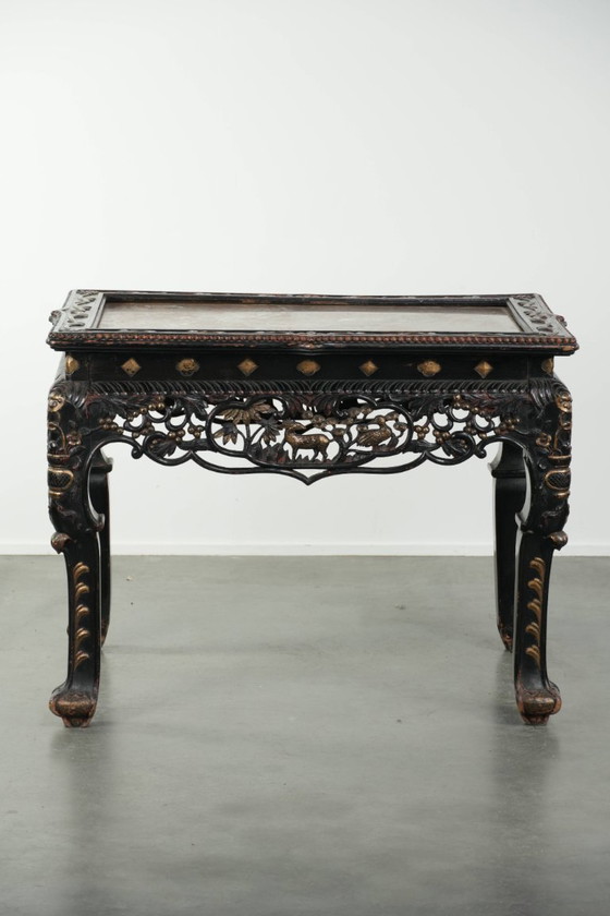 Image 1 of Schitterende niet veel voorkomende kleurrijke antieke Chinese 19e eeuwse houten sidetable/ opiumtafel met een marmeren blad
