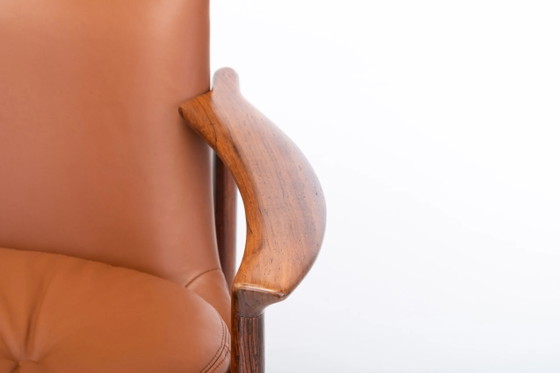 Cognac Leather & Wood Wingback Lounge Chair by Ib Kofod Larsen for Fröscher, 1970s – Kofod-Larsen, Armchairs (photo 5 of 26)