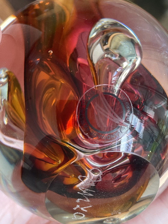 Image 1 of Ozzaro Studio-Kunstglas „Regentropfen“, signiertes orange-rotes Kristall aus Böhmen