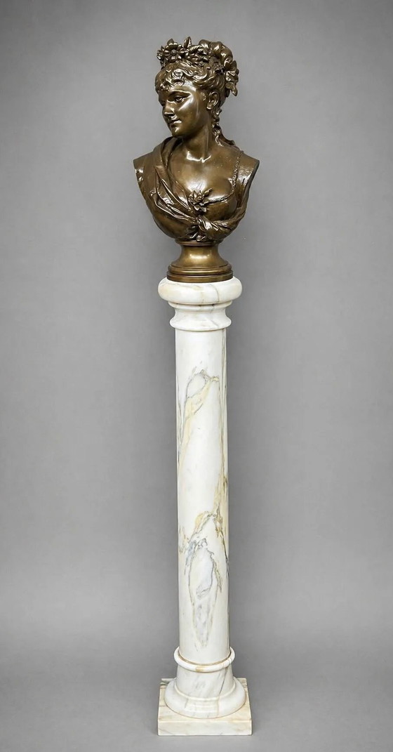 Léopold Harzé (1831–1893). Busto de bronce de una joven sobre una base de mármol. Bélgica. Fechado en 1878. (photo 7 of 9)