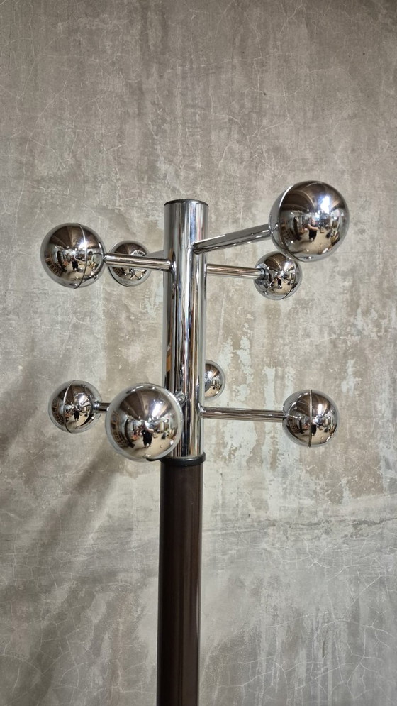 Vintage Coat Rack with Umbrella Stand, Chrome-Plated Metal and Wood, Mid-20th Century, 42 x 175 cm (photo 4 of 8)