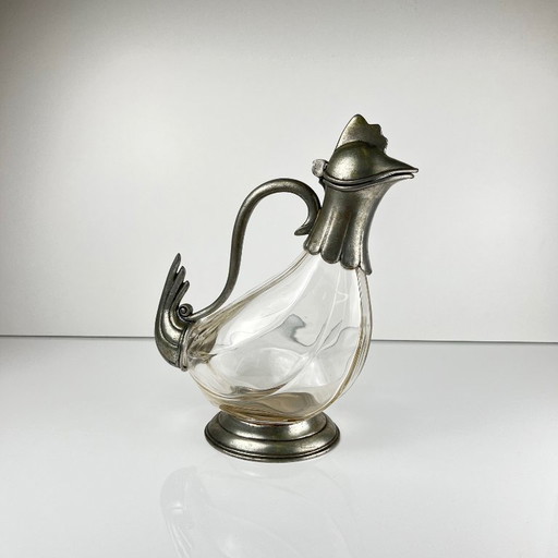 Zoomorphic rooster ewer in glass and pewter, Art Deco style, circa 1930-1950