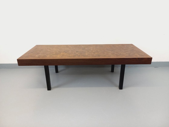 Image 1 of Vintage rectangular coffee table by Dieter Wackerlin in wenge wood mosaic and black metal legs from the 60s/70s