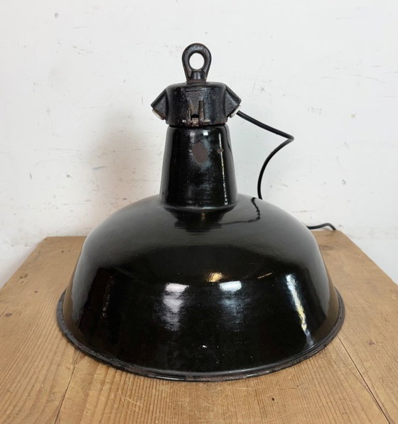 Image 1 of Industrial Black Enamel Factory Lamp with Cast Iron Top, 1950s