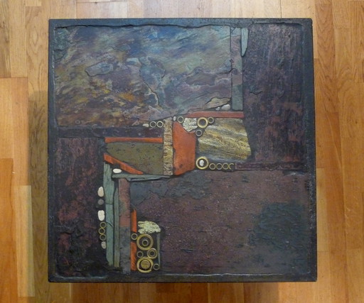 Table basse carrée brutaliste sur pied en métal noir par Paul Kingma
