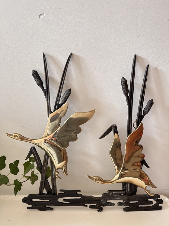 Image 1 of Decorazione murale in ottone con cigni di Canne