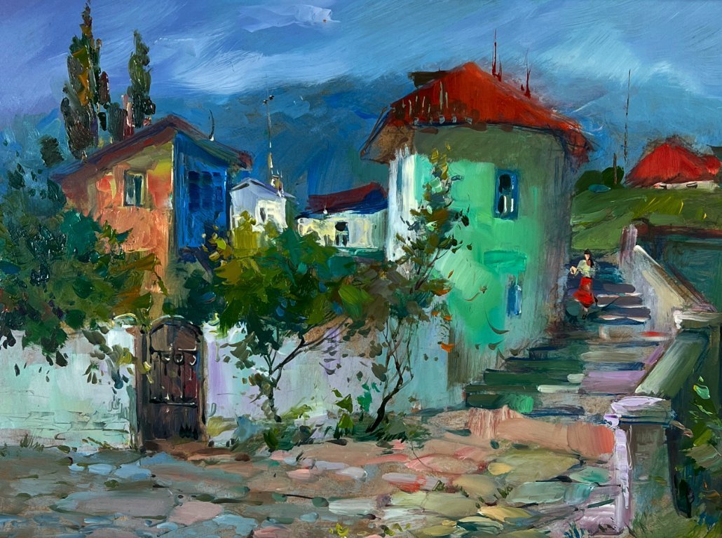 Original Oil Painting Cityscape City Street Stairs | €430 | Whoppah