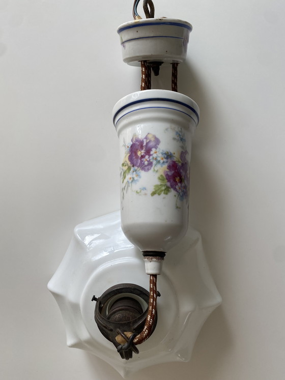 Image 1 of Art Deco - Opaline - messing - hanglamp - pendellamp met katrol - 1e kwart 20e eeuw