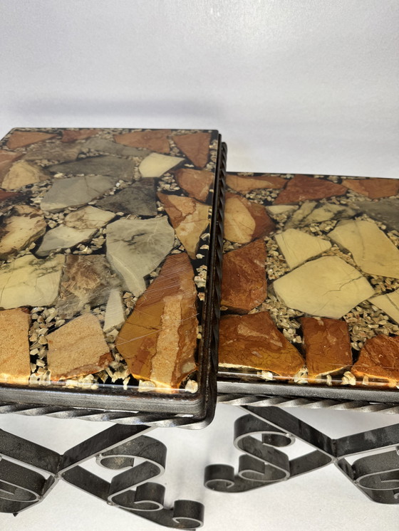Image 1 of Set of 2 vintage mosaic tables + additional wrought iron base