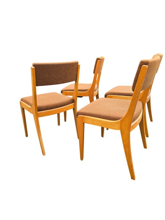 Set di 4 sedie a slitta vintage in legno chiaro e tessuto marrone - anni '60 – Sedie da pranzo, Textile, Wood (photo 4 of 5)