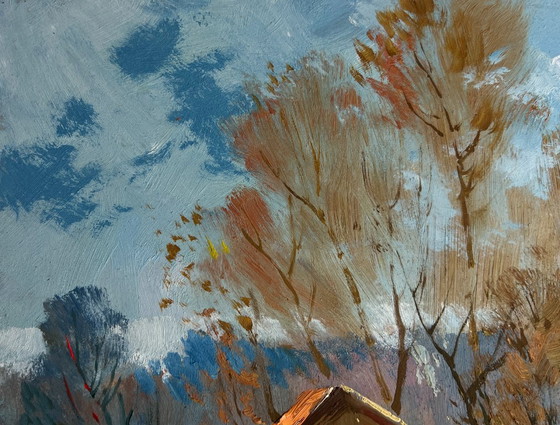Image 1 of Dipinto ad olio originale Paesaggio autunnale di un villaggio Sto tornando a casa