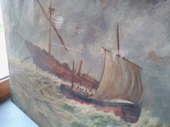 Image 1 of Oud, groot olieverfschilderij op canvas, zeegezicht, gesigneerd 1965.