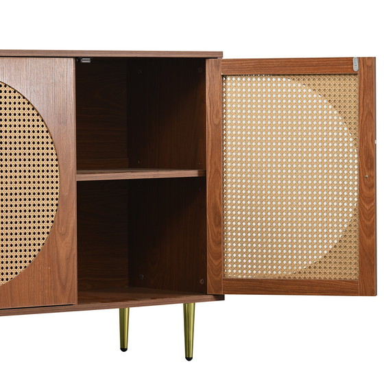 Image 1 of Urban Meuble buffetkast in walnoot look met 3 rotan deuren, handgrepen, gouden pootjes 129.8x40x76cm OMOILL
