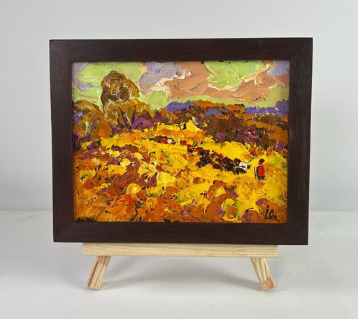 Original Oil Painting Evening Field Landscape Autumn is floating over the horizon