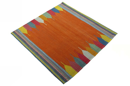 Hand-woven modern kilim fars - 85 x 87 cm - Colorful design on orange - 100% wool