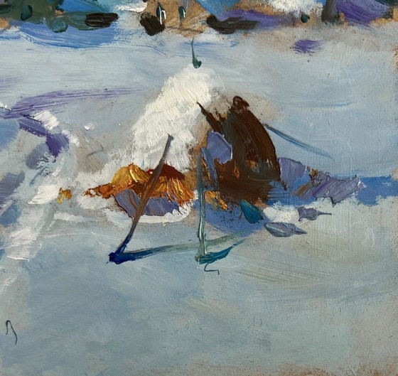 Image 1 of Original Oil Painting Winter Village Landscape Snowy path to the village