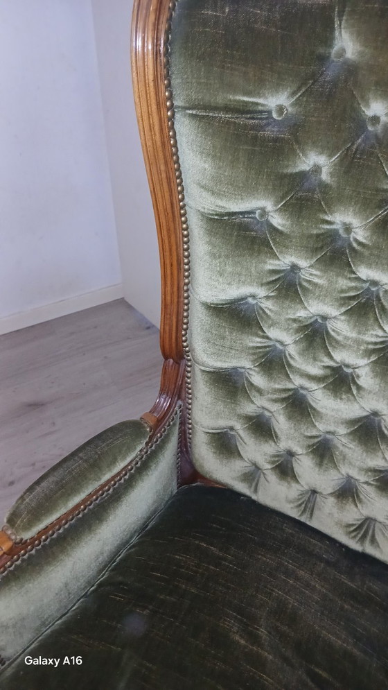 Sillón de trono barroco tapizado de primera calidad – Terciopelo verde oliva – En impecable estado – Sillones (photo 4 of 8)
