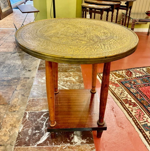Wooden tea table, 4 legs, embossed copper top