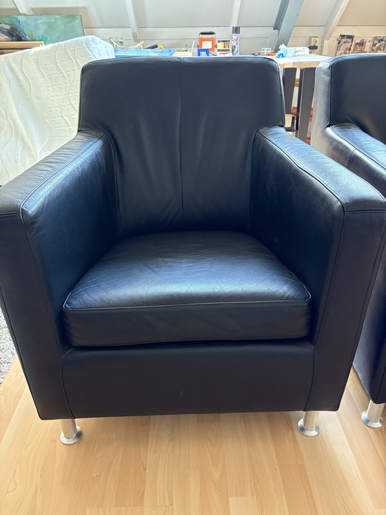 Image 1 of 2x black leather armchairs