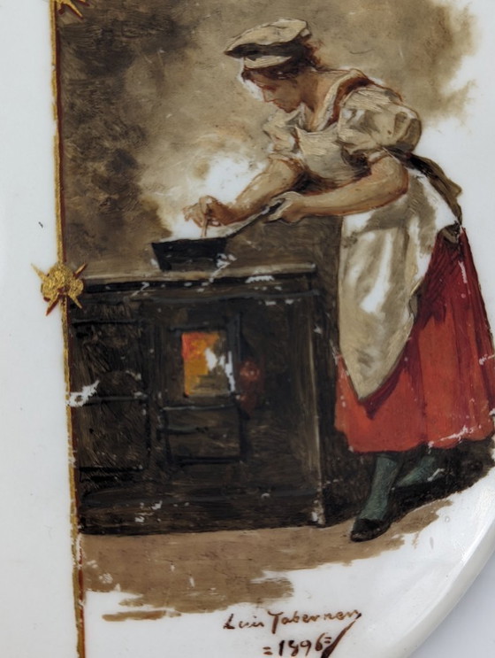 Image 1 of Luis Taberner olie op porseleinen menuplaquette Madrid 1896