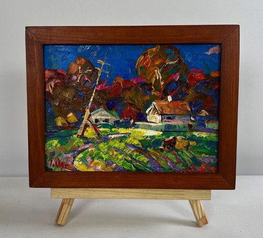 Original Oil Painting Evening Houses Landscape Autumn has come to the village