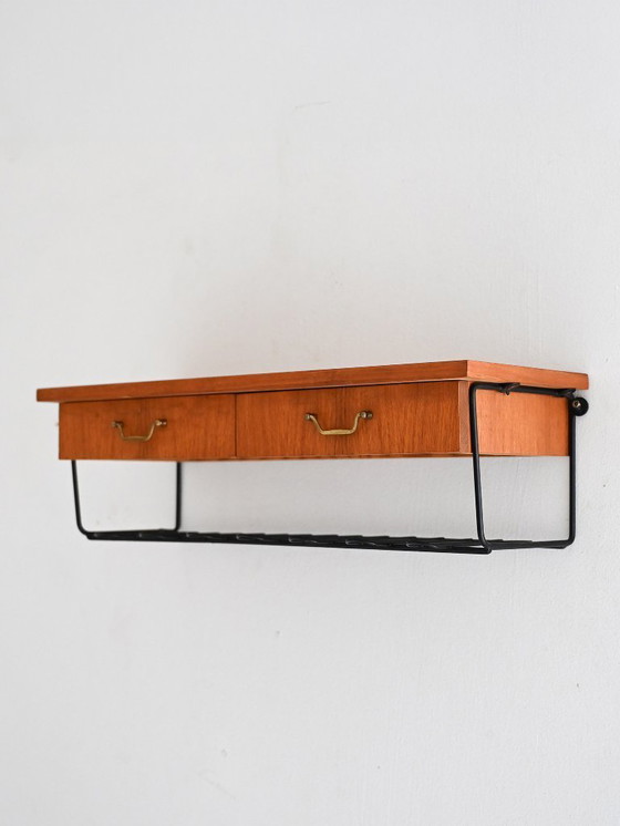 Image 1 of Skandinavischer, wandmontierter Nachttisch aus Teakholz mit zwei Schubladen