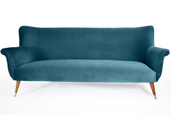 Image 1 of Elegant Three-Seater Velvet Sofa, 60s, Dark Ocean Blue, Restored