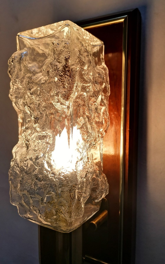 Image 1 of Set of Hollywood Regency ice glass wall lamps by Hillebrand teak vintage 70s
